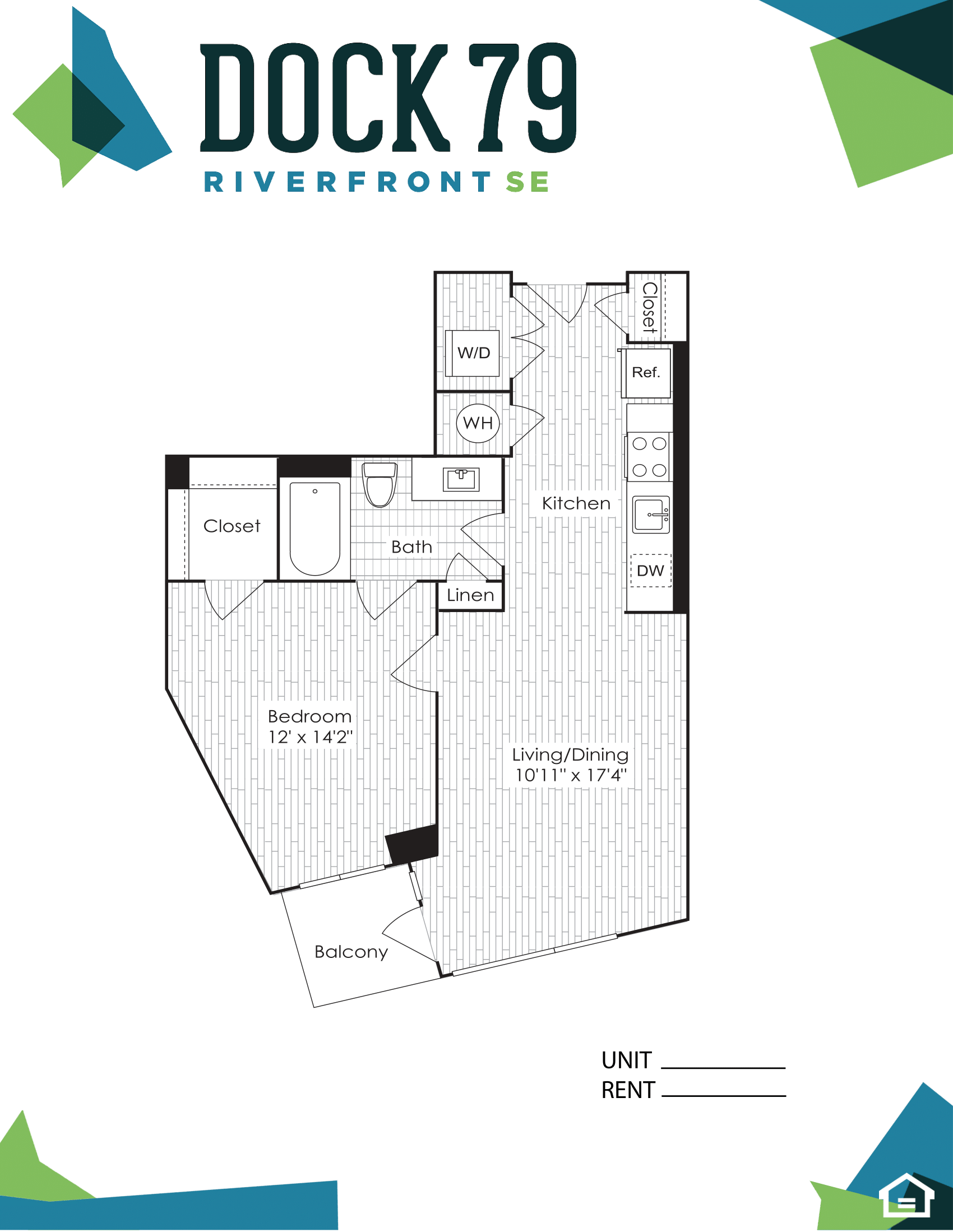 Floor plan for 1 bed, 1 bath, 643 sqft